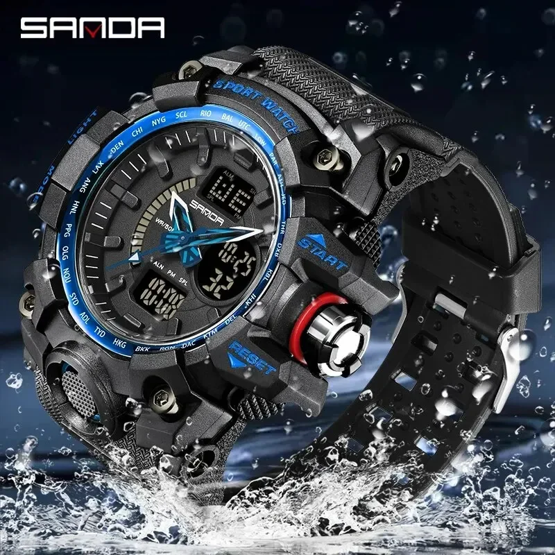 SANDA 3132 LED Dual Display Sport Waterproof Shockproof Electronic Mens Wristwatches Military Digital Quartz Watch for Men Reloj