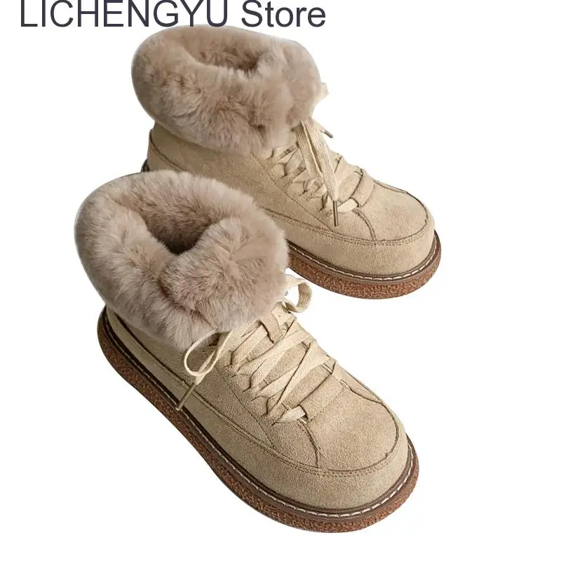 2023 Winter Women Fashion Artificial Fur Snow Boots Platform Med Heel Thick Sole Round Toe Warm Ankle Boots