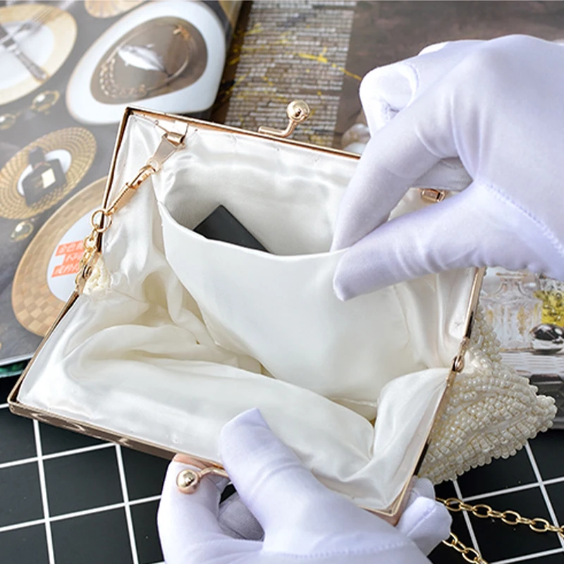 Women Evening Bag Pearl Beading Shell Pochette Wedding Purse Handbag Clutch