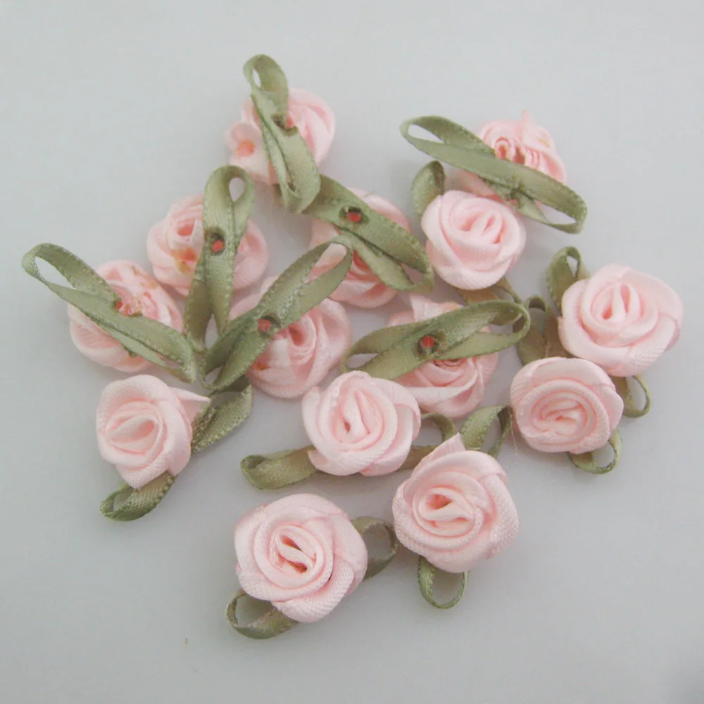 Vibrant Fabric Ribbon Rose Rosettes with Leaf - Set of 50 Flower Embellishments for DIY Crafts & Sewing Supplies