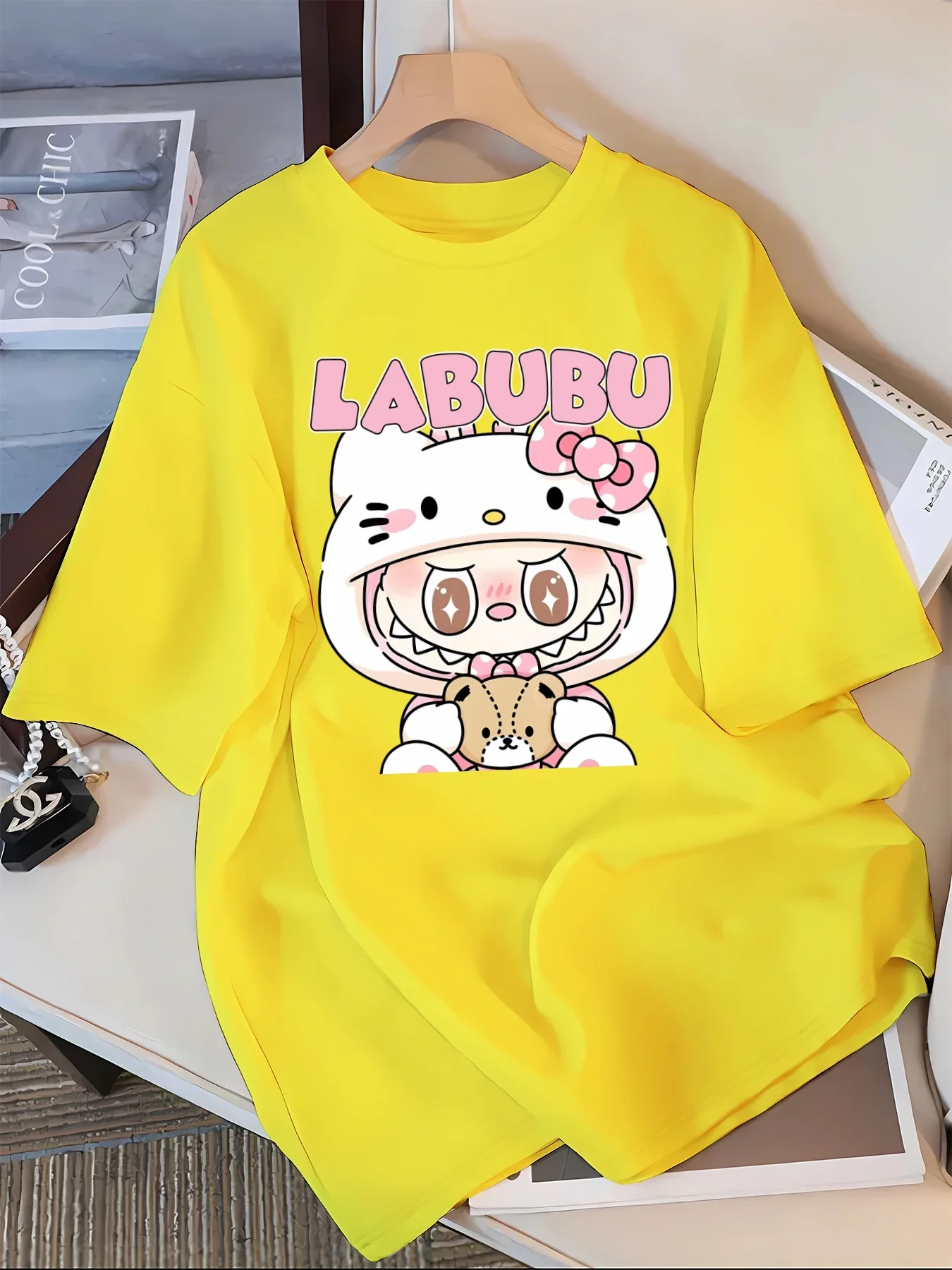 Labubu Cartoon Print T-Shirt – 100% Polyester Casual Crew Neck Short Sleeve Tee for Adults, Spring/Summer/Fall 4