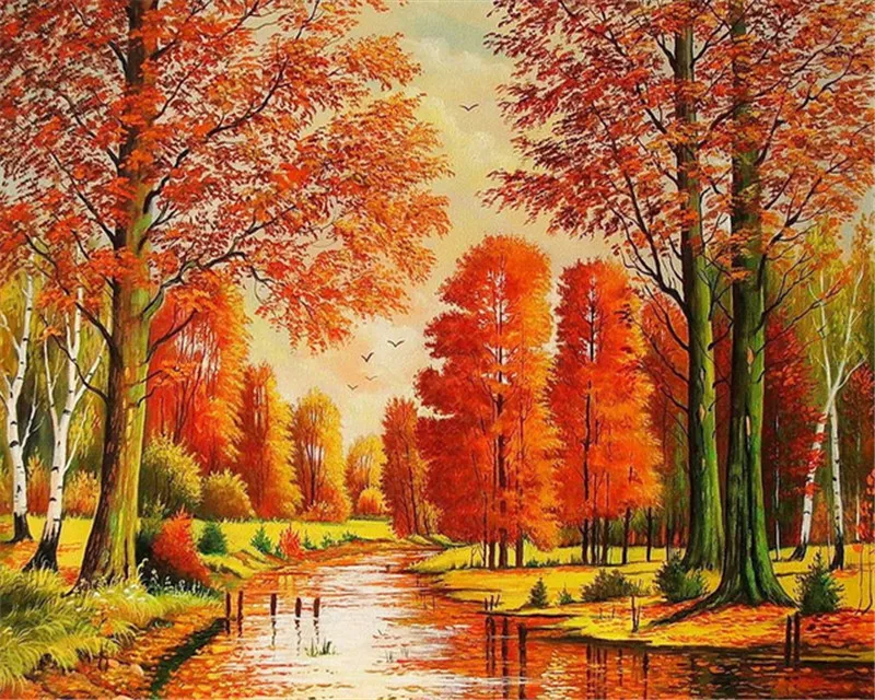 HASWEX Peinture sur toile Automne Paysage Aquarelle Encre 50x70cm sans cadre