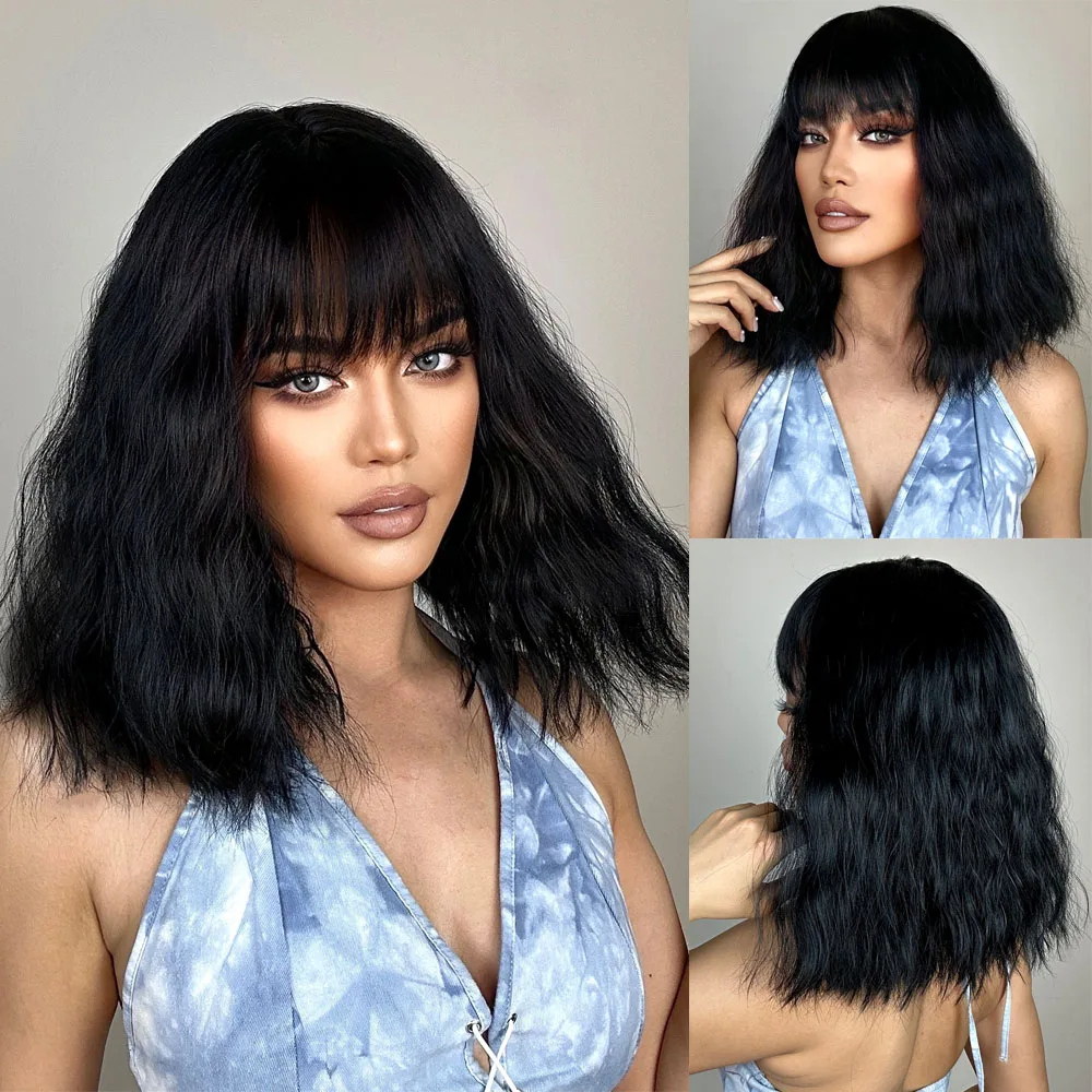 

HENRY MARGU Black Wave Synthetic Hair Wig for Women Natural Daily Bob Wigs with Bangs Heat Resistant Shoulder Cosplay Wig