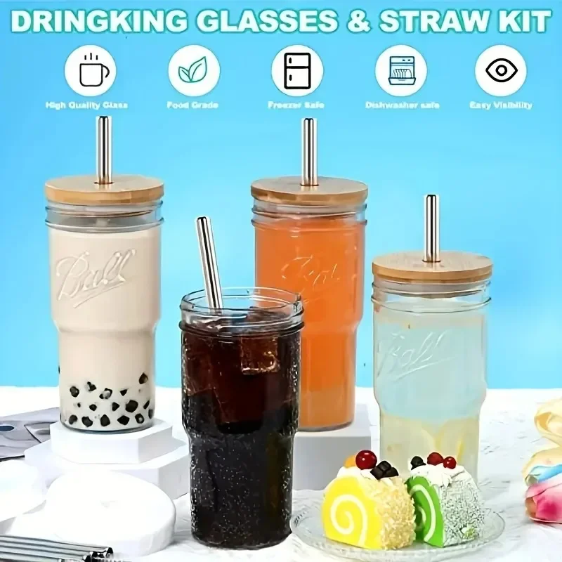 Description Picture 2 of item24OZ Glass Cup With Wooden Lid Straw Transparent Pearl Milk Juice Milk Thickened Glass Cup Breakfast Cup Drinkware Coffee Mug