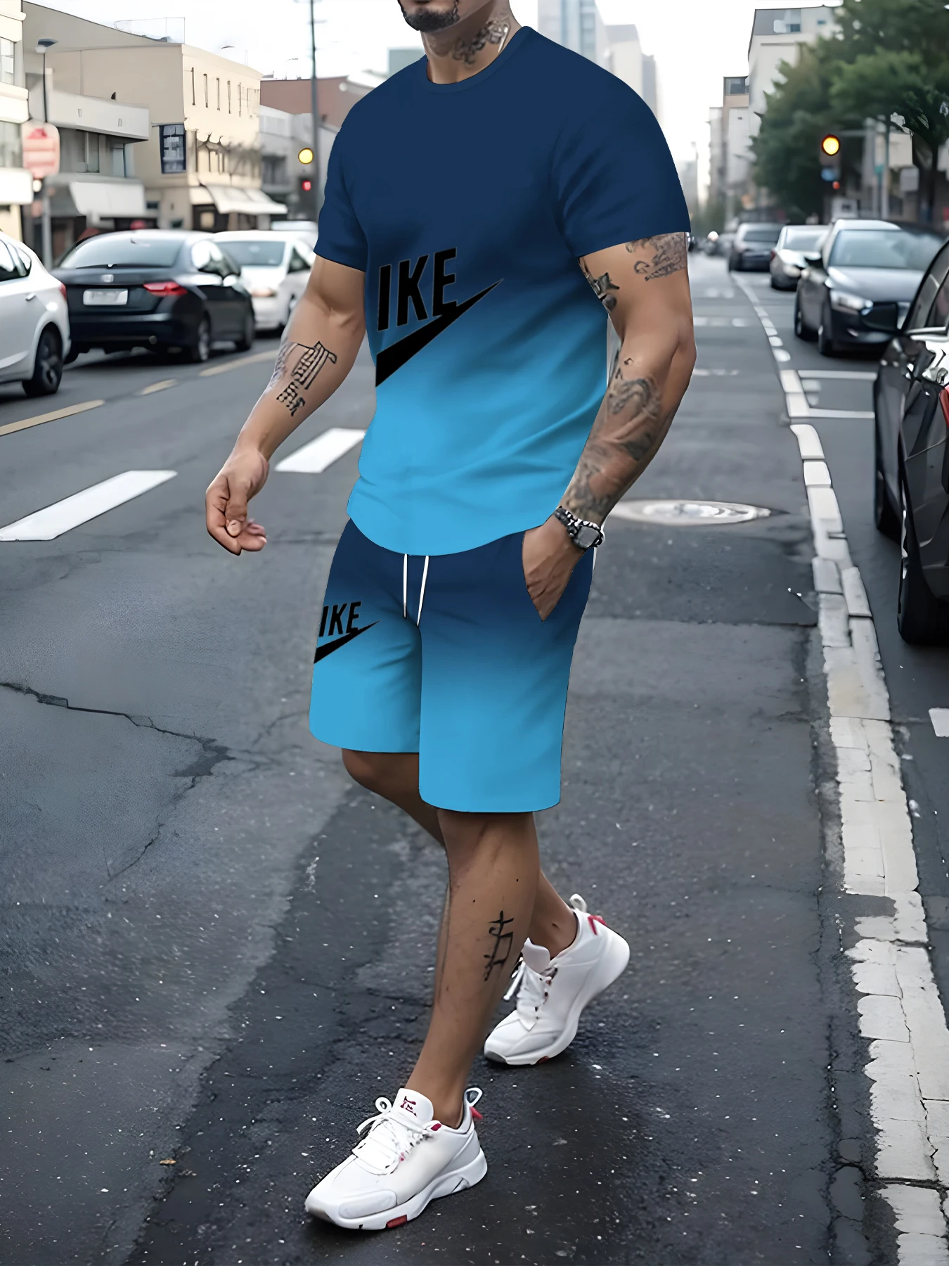thumbnail image 1 of Conjunto de camiseta y pantalones cortos para hombre, ropa deportiva estampada, informal, a la moda, transpirable, de manga corta, verano 2024, 1 of 5