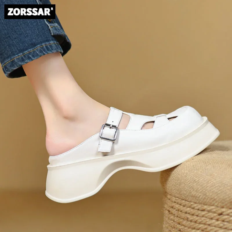 

Genuine Leather Women Modern Slipper White Black Platform Sandals Female Slip on Casual Mules Shoes Summer Outside Ladies Slides