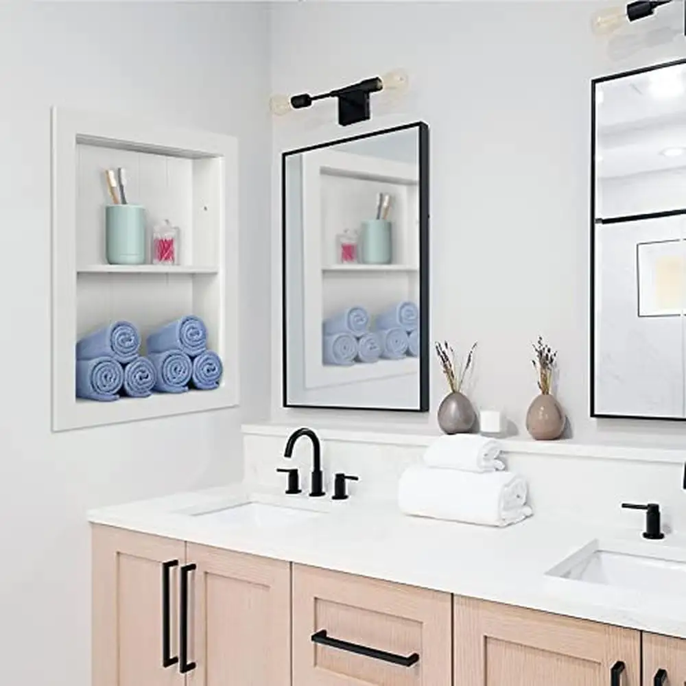 White Wood 2 Tier Recessed Wall Niche Shelves Shelf Insert Modern Contemporary Bathroom Bedroom Kitchen Storage Solution 2