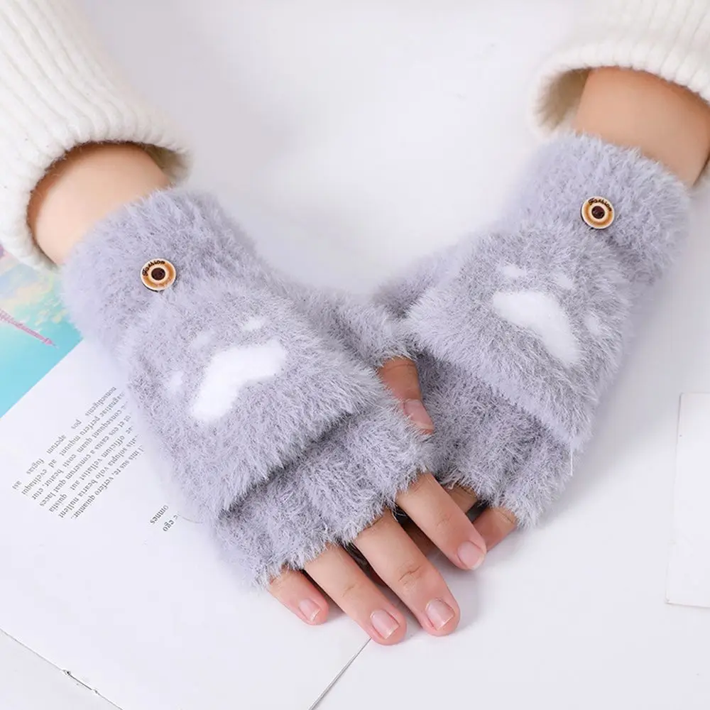 

Breathable Solid Color Windproof Plush Cat's Paw Pattern Thick Mittens Women's Gloves Flip Cover Gloves Half Finger Gloves