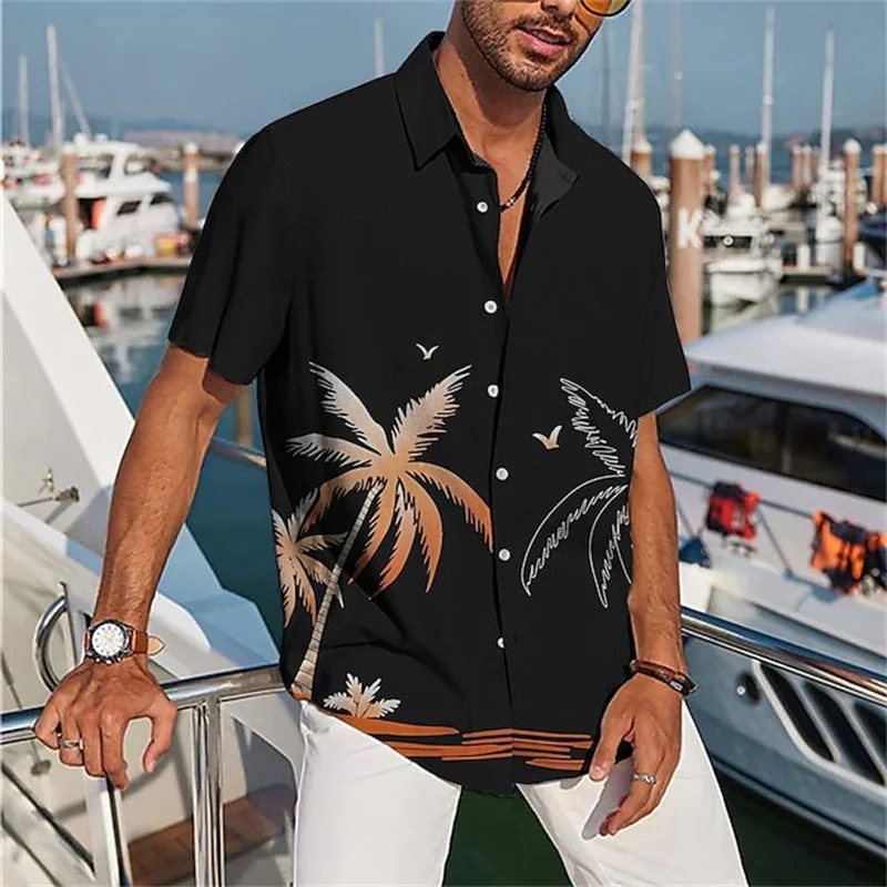 23 Hawaii hot coconut tree digital print men's short sleeve lapel casual loose shirt 5XL