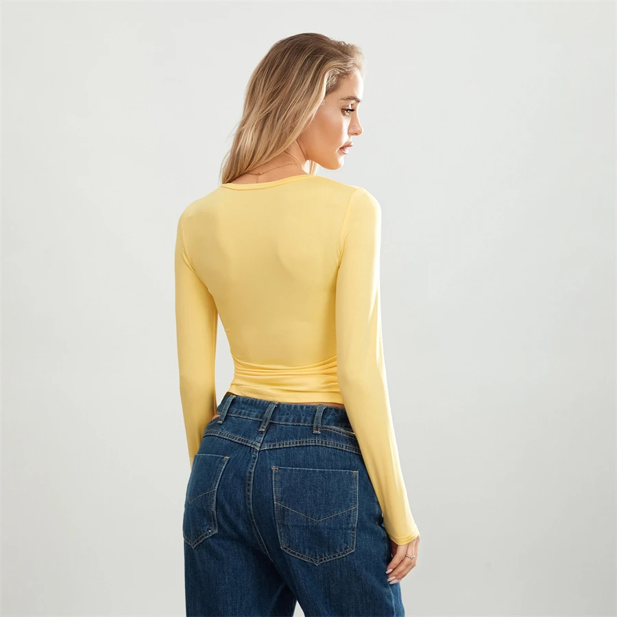 Camisetas básicas de Color liso para mujer, camisetas informales de manga larga, jerséis ajustados para otoño y primaver