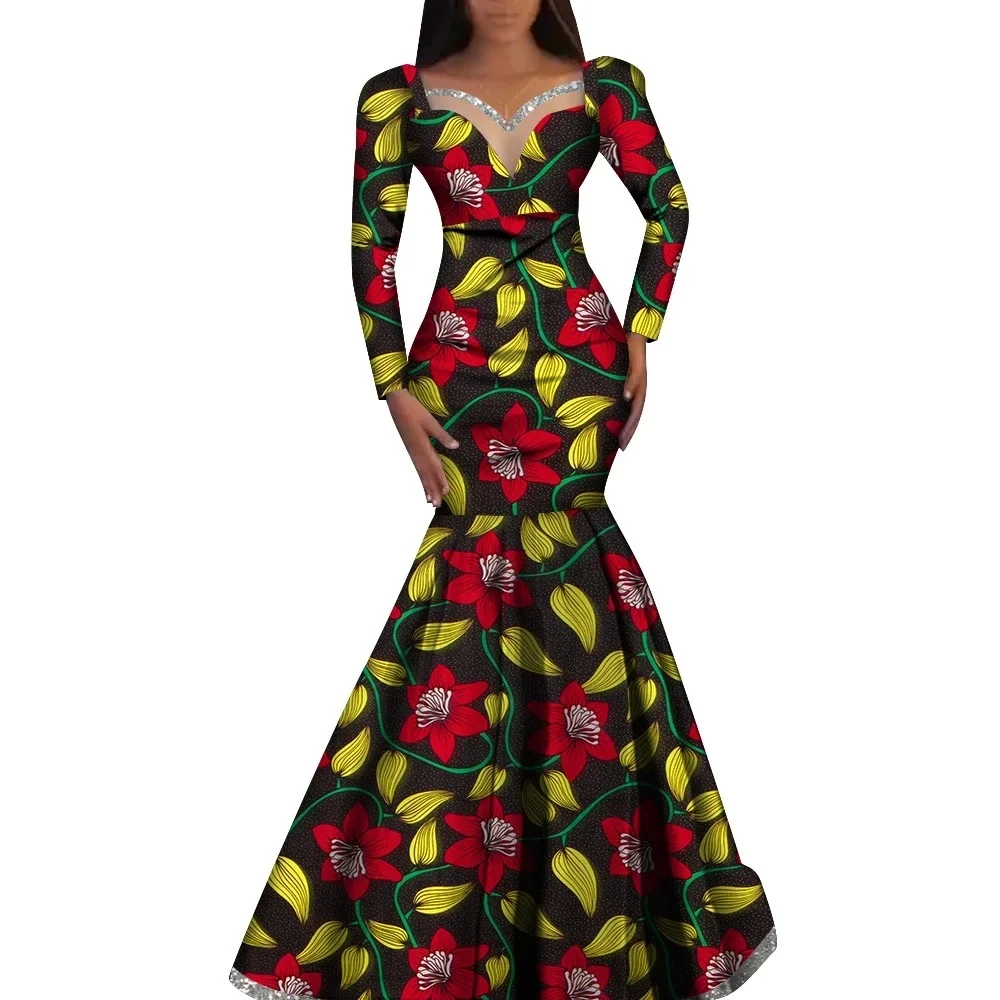 Fashion Robe Dresses Ankara Print African Dresses for Women Long Sleeve Elegant Dashiki Wedding Pleated Skirt WY1058