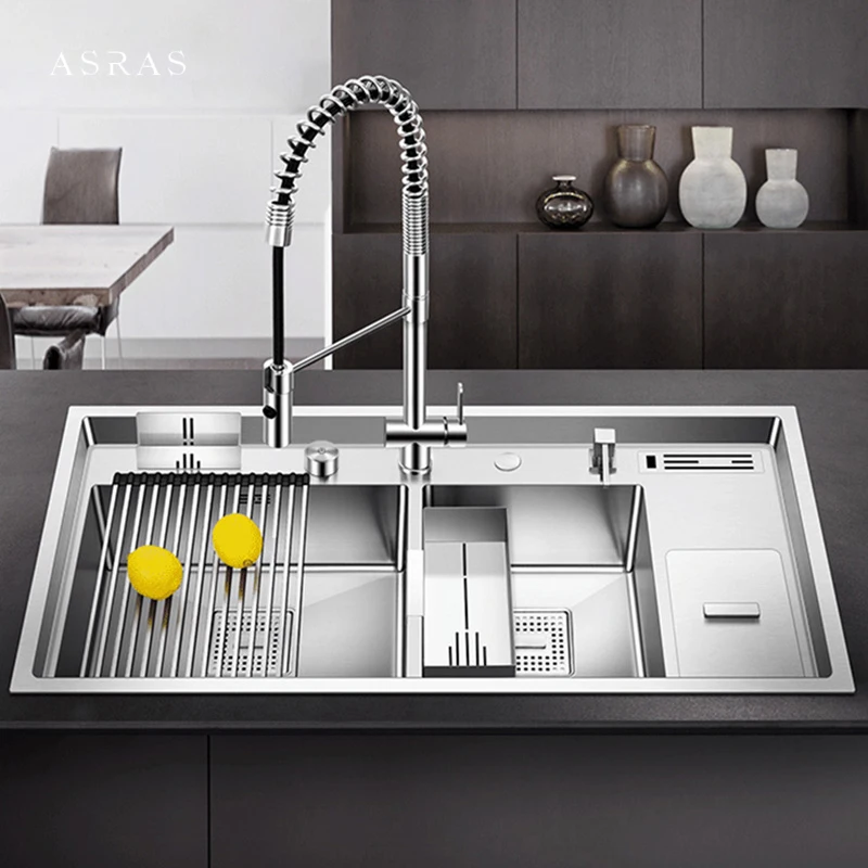 Asras 9045L Stainless Steel Handmade Kitchen Sink Set Large Double Sinks  With Multi-Function Faucet Intelligent Control &Drainer