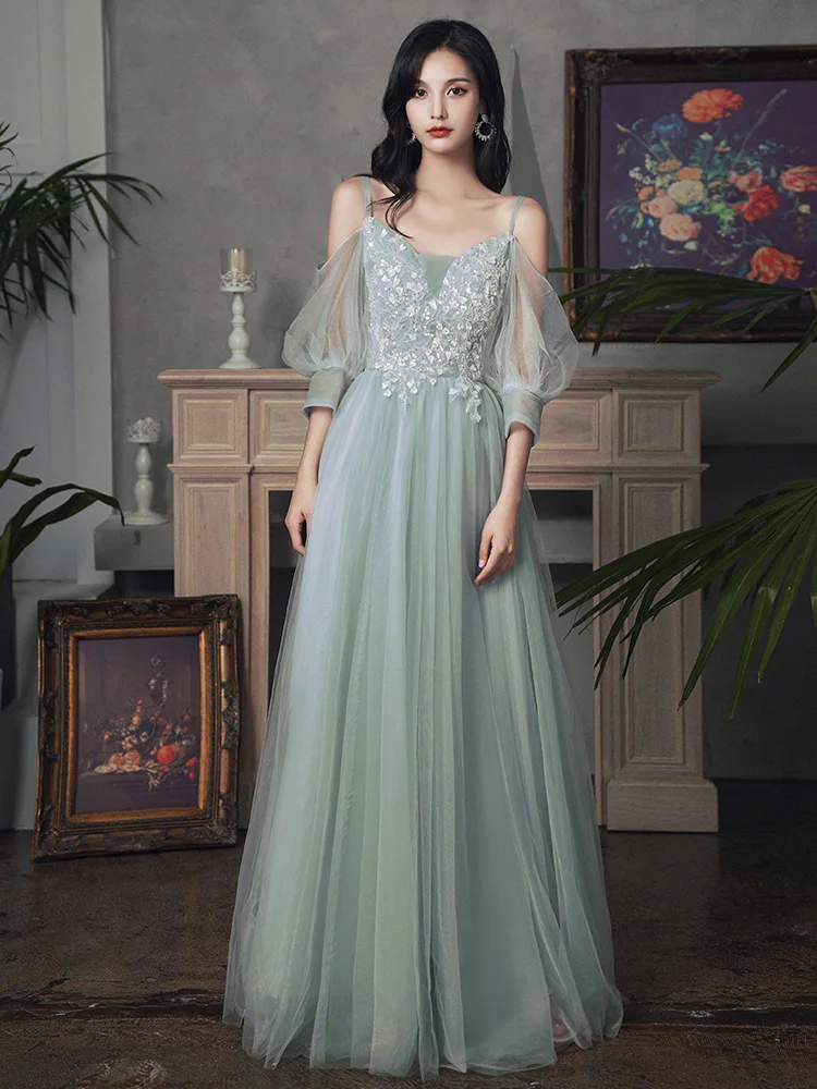 Sweat long lady girl women princess banquet bridesmaid performance dance ball dress gown greydish green