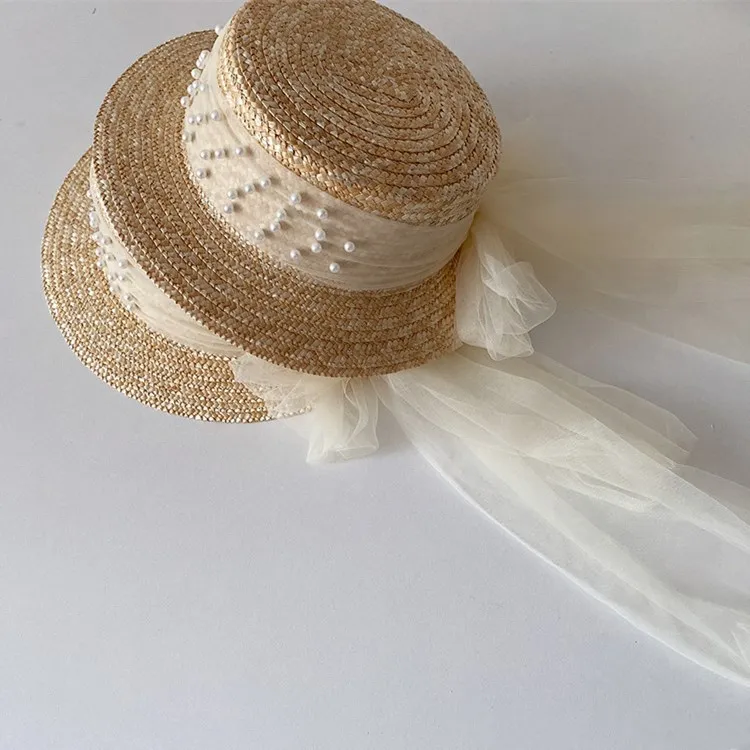 Elegant Fashion Mother Daughter Sunhats Lace Mesh Pearls Hat Cap Outdoor Beach Sunprotection Summer Straw Hat for Adult and Girl 3