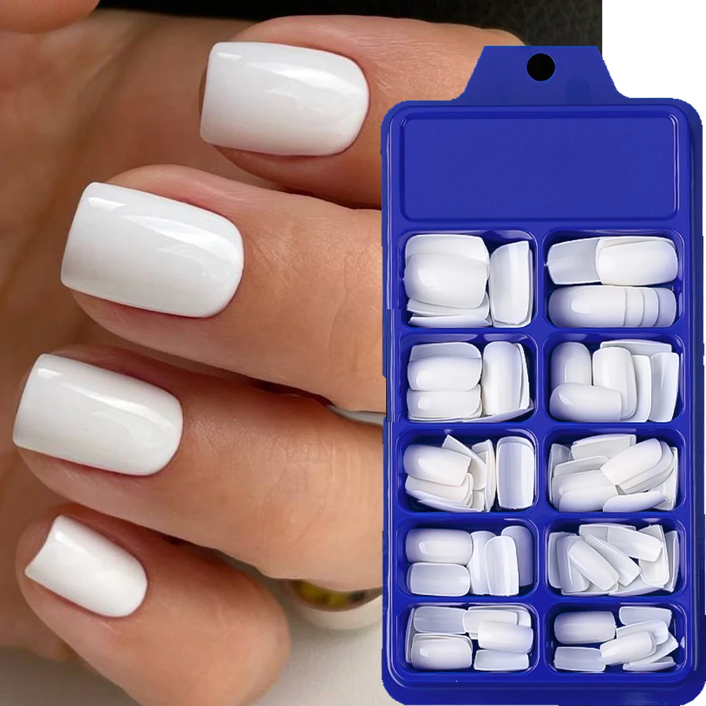 100pcs White Medium Square False Nails Full Cover Acrylic Artifical Fake Nail Tips Women Nail Decoration 10 Sizes Press On Nails