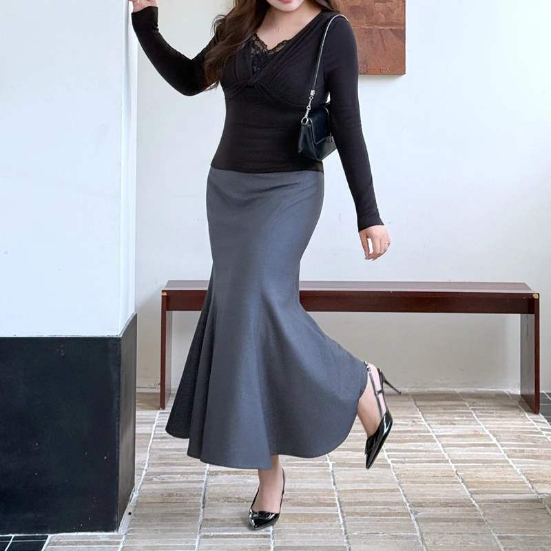 XXXXL Fashion Plus Size Women Mermaid Skirts Premium Autumn And Winter New 3D Cut Worsted Twill Slim Fishtail Skirt 9410