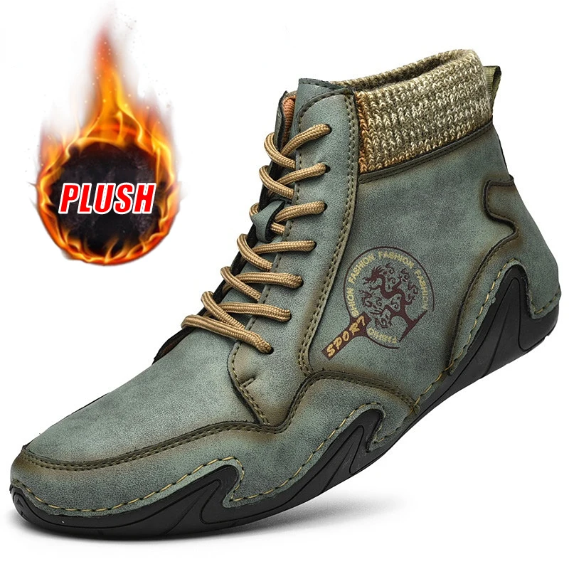 Leather Men Boots Men Casual Shoes Sneakers High Top Western Ankle Boots Waterproof Winter with Fur Super Warm Snow