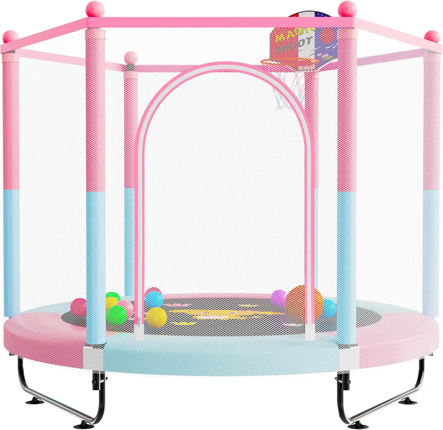 60" Trampoline for Kids, 5 FT Indoor & Outdoor Small Toddler Trampoline with Basketball Hoop, Safety Enclosure, Gifts Age 3-8