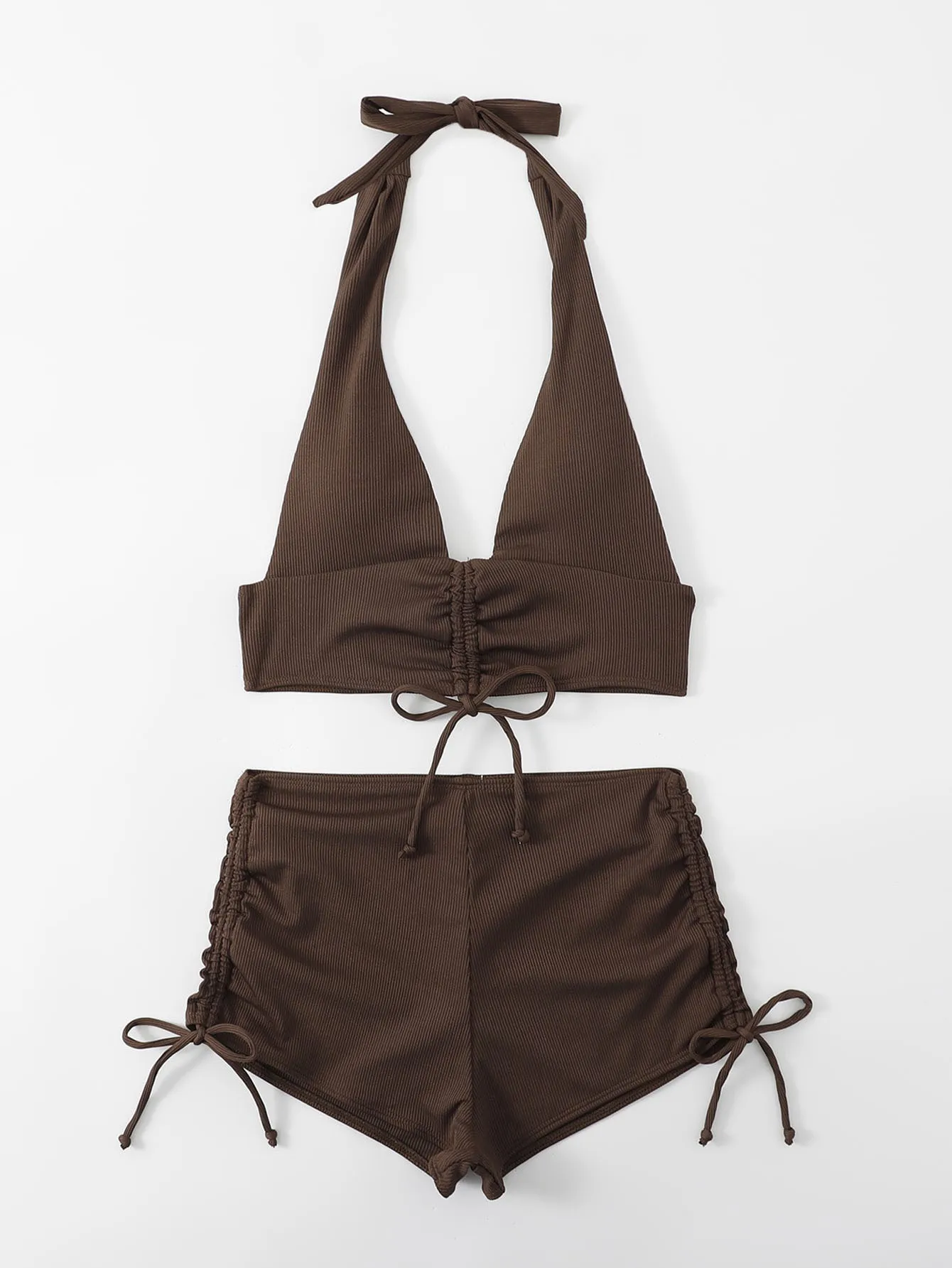 2024 Rib Drawstring Bikini Solid High Waist Swimsuit Women Halter Swimwear Female Bathers Bathing Swimming Swim Suit Beachwear
