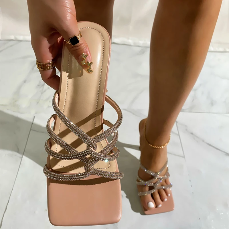 

Sexy High Heels Slipper Women Summer Fashion Crystal Narrow Band Square Open Toe Slides Stripper Party Sandal Mule Shoes