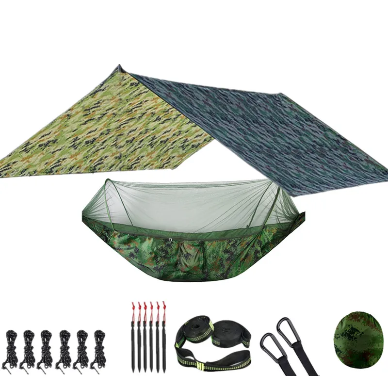 Portable Parachute Outdoor Camping Hammock with Mosquito Net and 118x118in Rain Fly Tarp,10-ring Tree Strap Hammocks Swing 