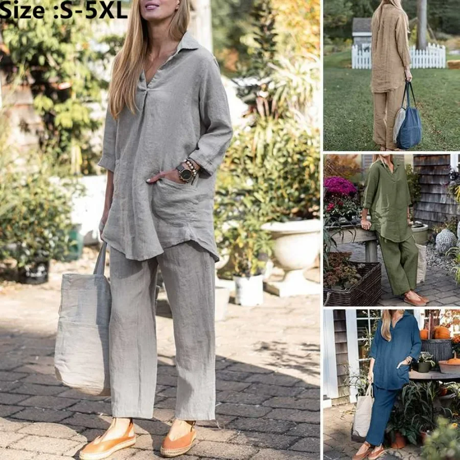 2024 Women's Casual 2 Pieces Pant Sets Solid Long Sleeve Button Shirt Blouse and Wide Leg Pants Female Pant Suits Sets Oversized