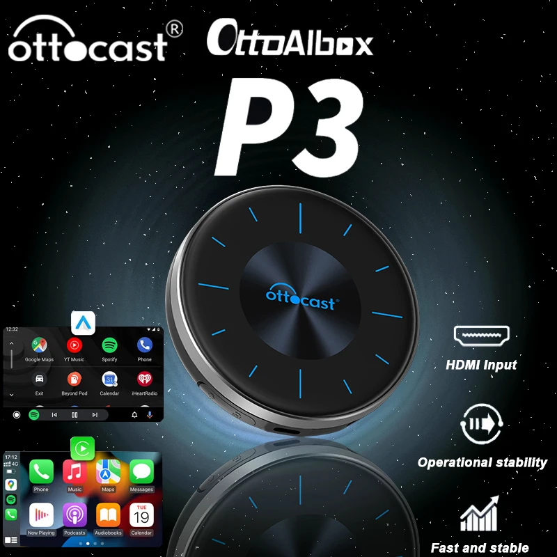 Ottocast P3 AI Box inalámbrico CarPlay Android Auto adaptador HDMI Multimedia Video convertidor TV Stick Game Box para Netflix 1