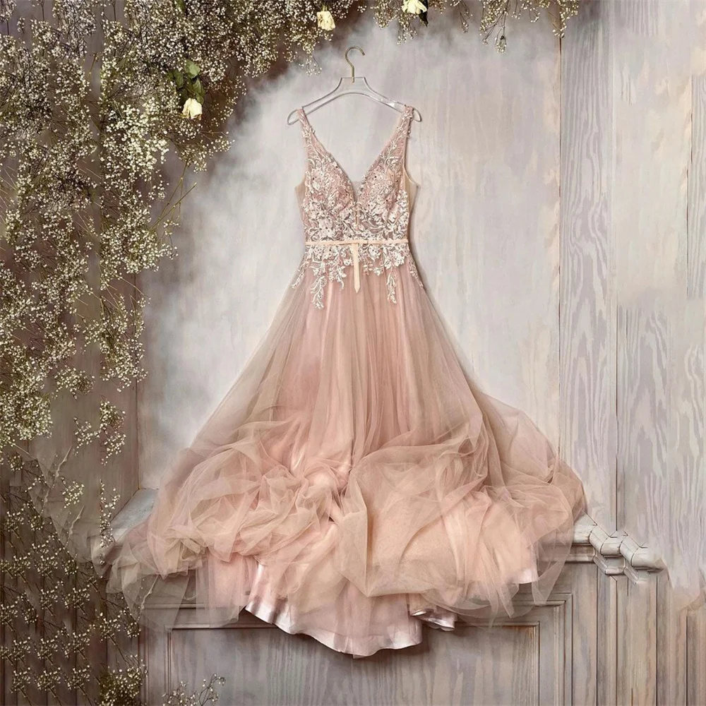 

Lily Blush Appliques Charming Prom Dress Gown V Neck Sleeveless Formal Gown Net Beach Evening Gown Custom Size vestidos de noche