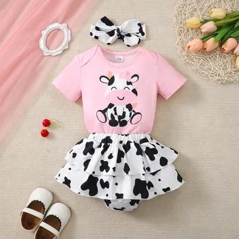3PCS Cute Cow Pattern Baby Girl Clothes Set Short Sleeve Bodysuit+Short Skirt+Headband Summer Daily Wear for 1-18 Months Toddler 1