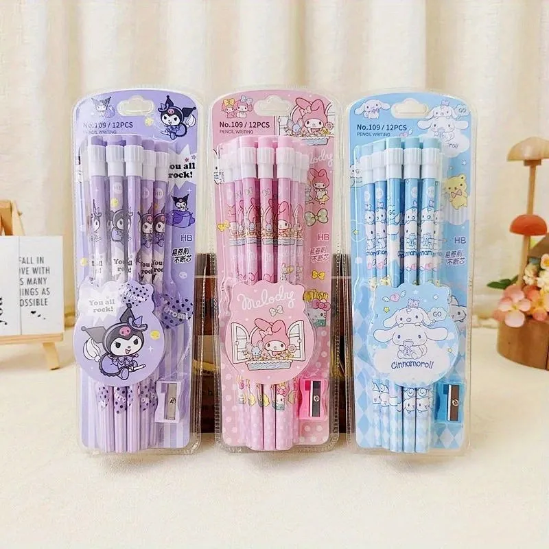 writing pencils set 12pcs Cinnamoroll Kuromi HB Pencils 1 Pencil Roller Stationery Box