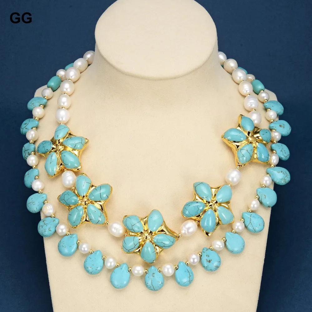2 Rows Natural Cultured White Rice Pearl Blue Turquoises Flower Necklace Handmade For Women