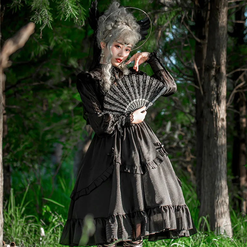 Pre-order Vintage Lolita Costume Long Sheer Sleeve Casual Dress Lace Ruffled Illusion Neck Midi Gothic Party Dress