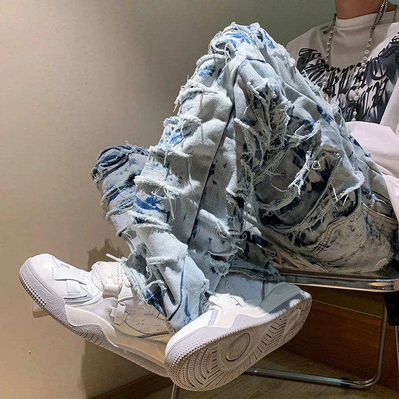 American high street erosion destroys raw edge Y2K retro jeans men\'s trendy straight tube slim flared pants foreign trade 2023