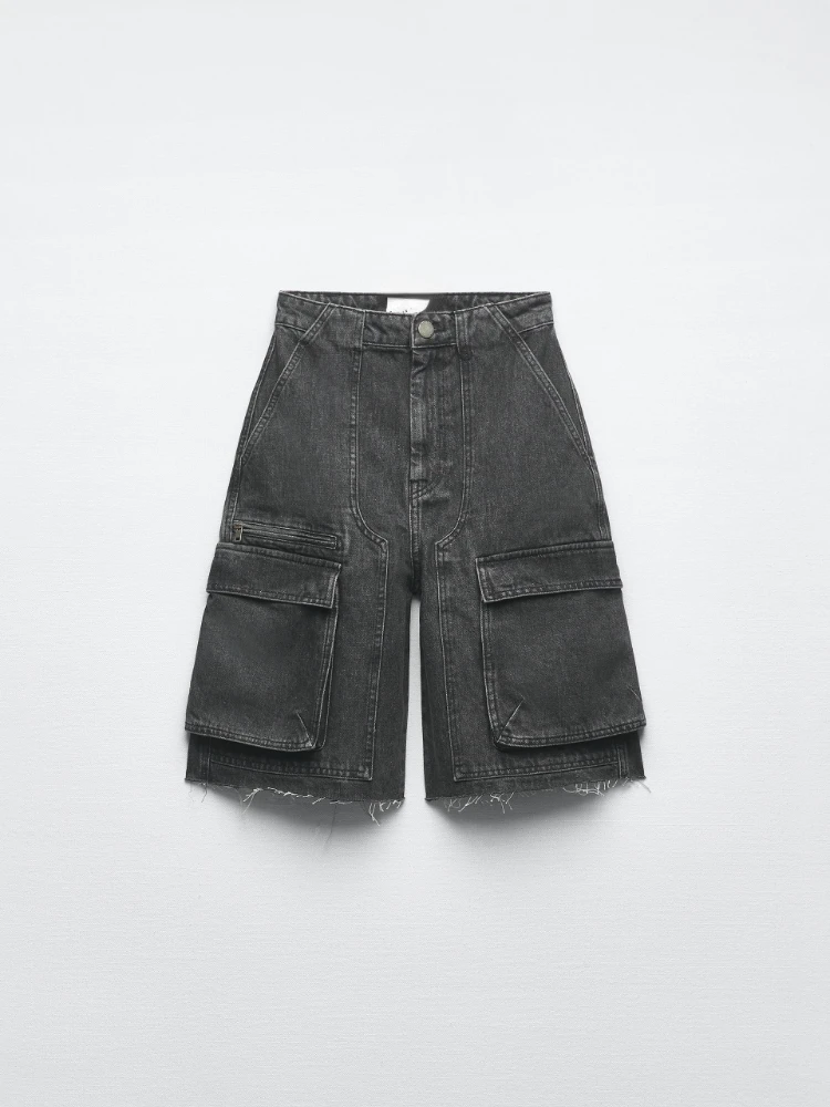 RR2745 Mid Length Cargo Bermuda Shorts Women Denim Summer