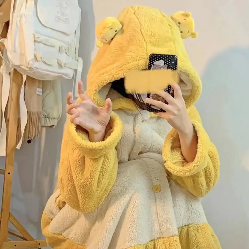 Women Nightgown Winter Flannel Robes Sweet Hooded Sleepshirts Female Warm Cute Casual Loose Thick Bear Pajamas Plush Nightwear