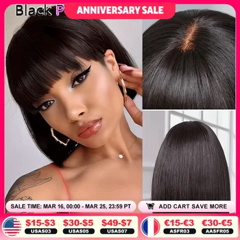 Parrucca Bob Corta in Pizzo con Frangia, Capelli Umani Remy Brasiliani, Parrucca Frontale in Pizzo 3x1, Parrucca Bob Liscia Senza Colla con Frangia
