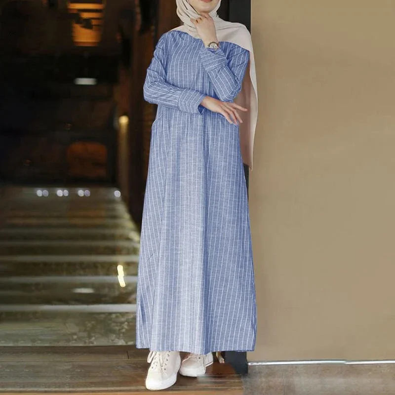 Female Muslim Long-sleeved Robe Cotton and Linen Striped Round Tie Pocket Long Skirt Casual Loose Street Women's Dress