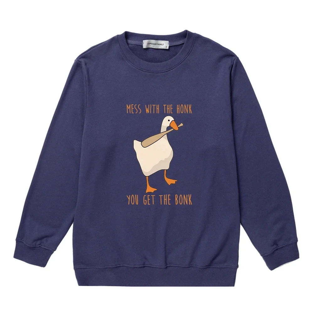 Mess with The Honk You Get The Bonk Print Crew Neck Sweatshirt Men Women Funny Cute Duck Fall Fleece Pullover Black Warm Sweater
