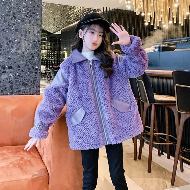 

Fashion Girls Wool Blend Fur Thick Clothes Winter Children Warm Sheep Coat Kids PU Snow Outwear Teens New Year Coats 4-13Y