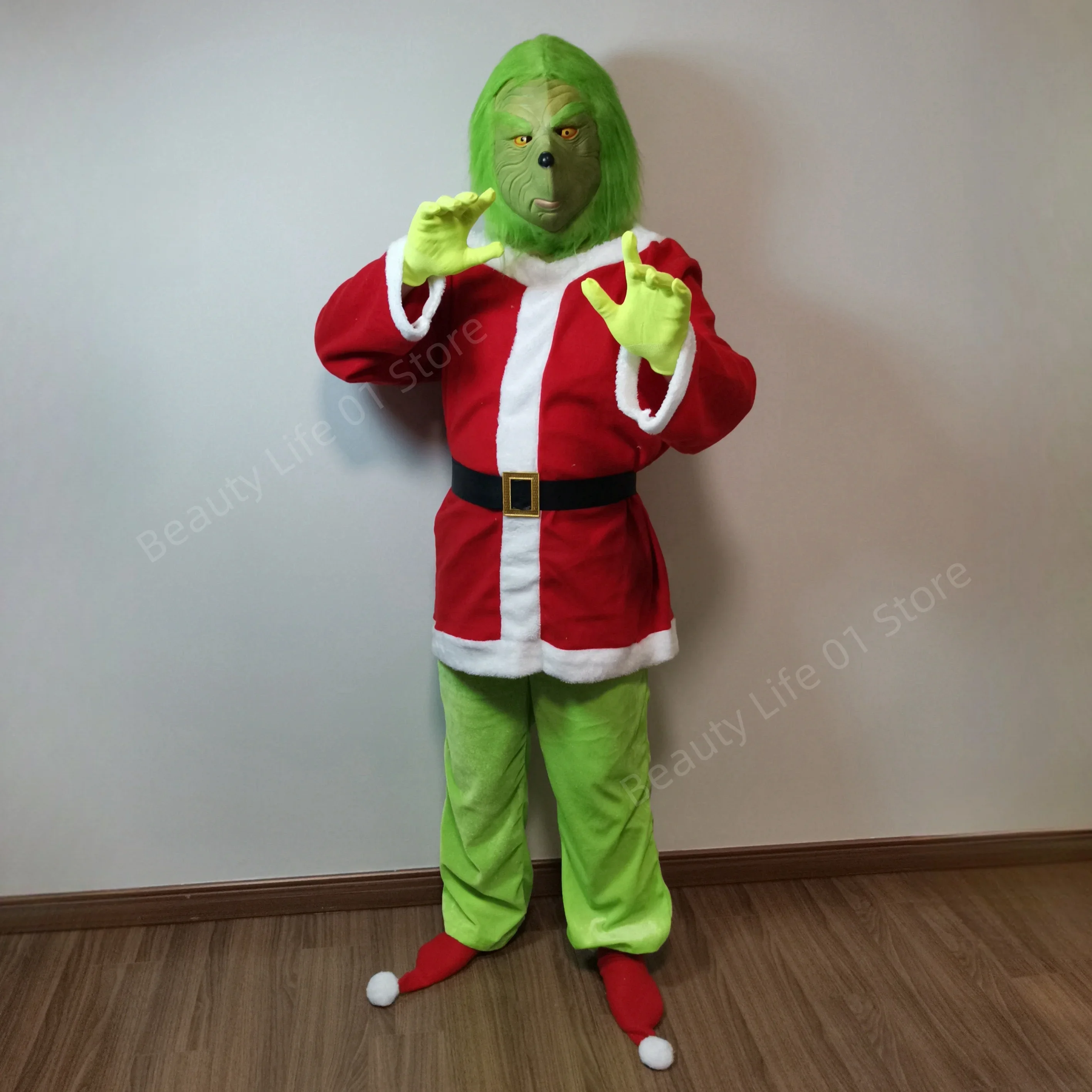 Grinch Cosplay Costumes Anime Green Attire Clothing Santa Cos Halloween Claus Hat Glove Belt Mask For Women Men Anime Carnival