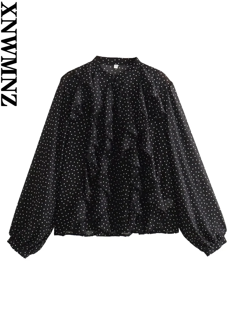 

XNWMNZ Women's Fashion 2023 Ruffles Polka Dot Shirt Women Vintage O Neck Long Sleeve Versatile Female Chic Blouse