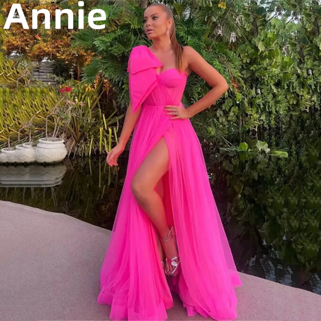 

Sexy Slanted Shoulder Side Slit Prom Dress Vestidos De Noche Hot Pink A-line Formal Occasions Party Evening Dress فساتين السهرة