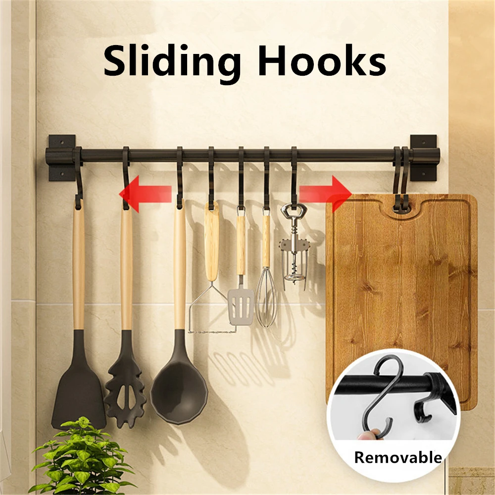 

Kitchen Wall Hook Organizer Punch-free Black Hanging Rod with Movable Hooks Cooking Tools Storage Rack for Spatula Spoon Lid