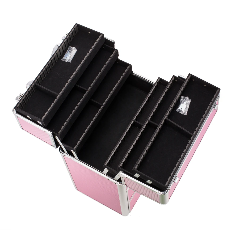 4 Tier Lockable Cosmetic Makeup Train Case with Extendable Trays Pink