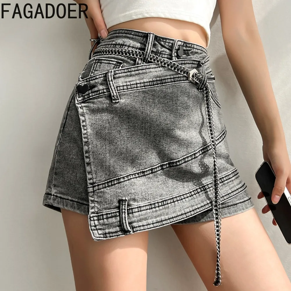 

FAGADOER Y2k Denim Skirts 2023 New High Waist Irregular Chain Spliced Black Grey Mini Skrits Fashion Shorts Skirts Streetwear