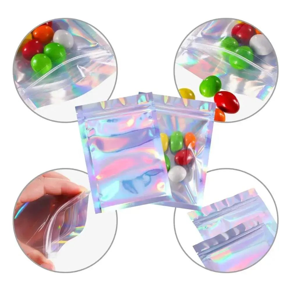 Holographic Mylar Bags Holographic Storage Bag Holographic Bags 100PCS Holographic Bag Laser Rainbow Pattern Self Sealing Bag Candy and Front Window Sample