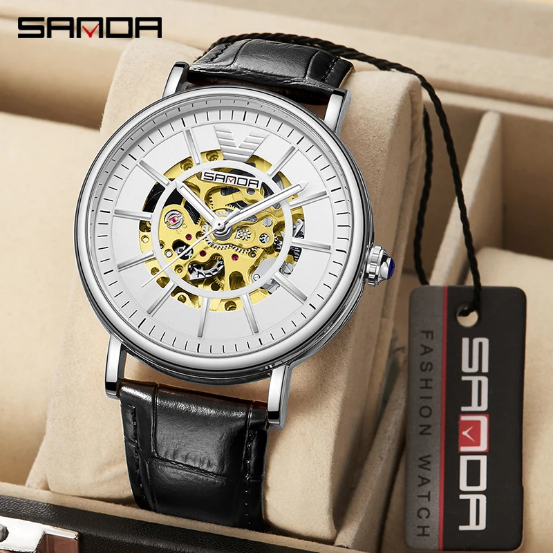 

SANDA Men Automatic Mechanical Watch Luxury High Quality Skeleton Dial Leather Strap Waterproof Sports Tourbillon Wristwatch