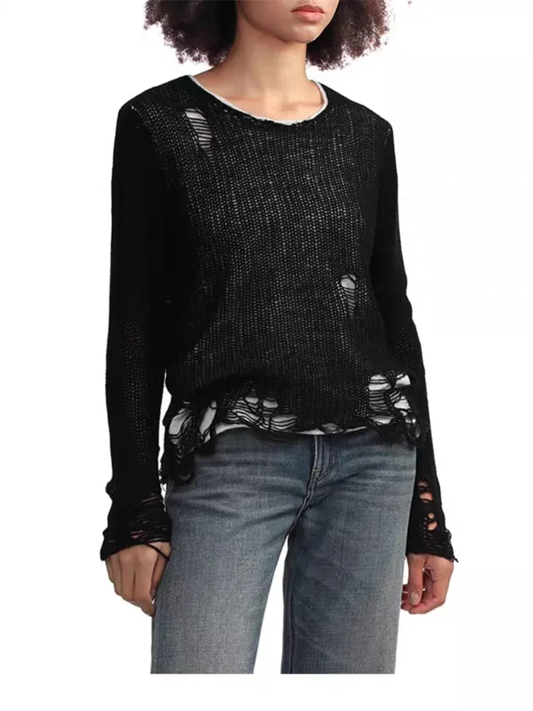 

Knitted Sweater for Women 2024 New Double Layered Torn Hole O-Neck Fashion Slim Casual Long Sleeve Pullover