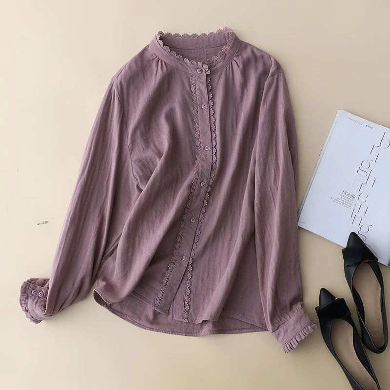 

Women Casual Shirts New Arrival 2023 Spring Vintage Style Round Neck Patchwork Lace Ruffles Loose Female Long sleeved Cotton Top