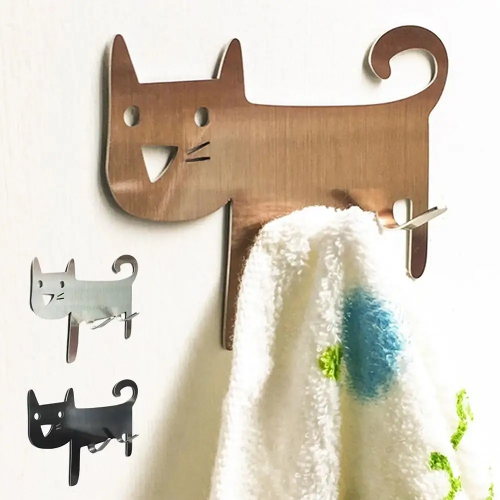 

Stainless Steel Metal Cat Shaped Hook Self-Adhesive Wall Mounted Keys Towel Hanger Decorative Waterproof Storage Hook Kitchen